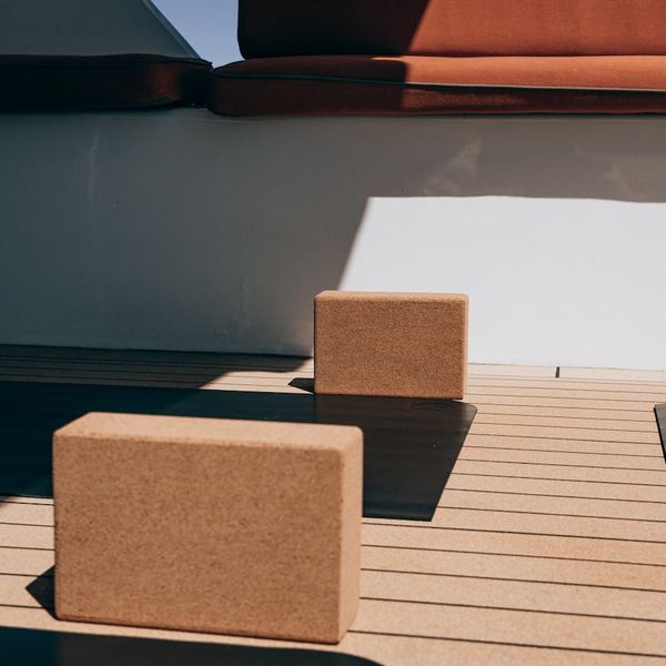 Detail of a yoga block on the floor